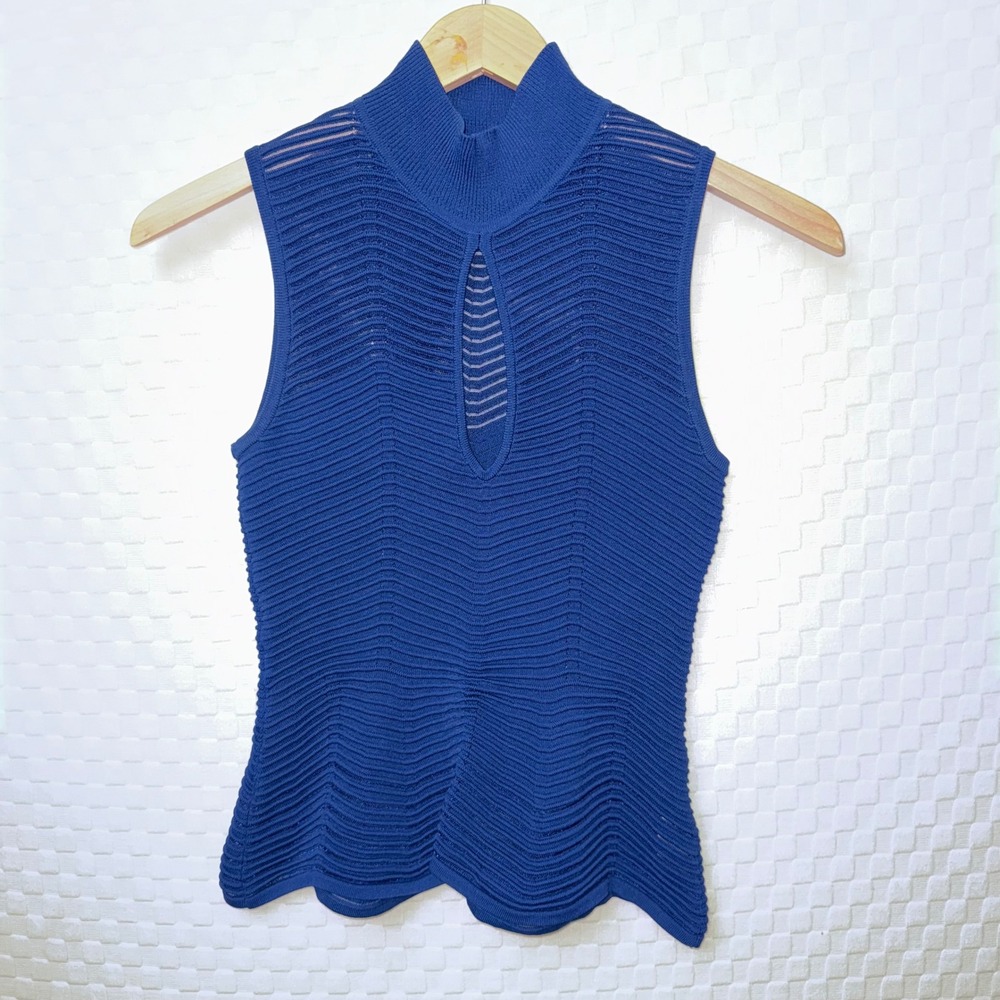 MARCIANO‎ Women Navy Mock Neck Sleeveless Top Keyhole Cutout Knit Blue Size S
